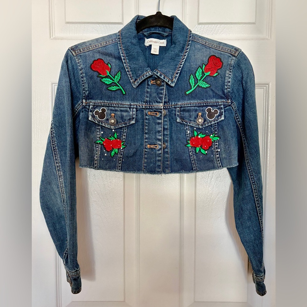 Coldwater Creek Cropped Minnie Mouse Denim Jacket with Red Rose Embroidery